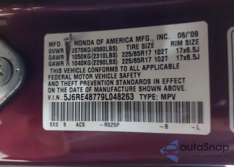 2009 Honda Cr-V Ex-L из США, поврежденный, VIN 5J6RE48779L048263